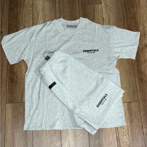Essentials Fear of God Light Oatmeal Gray Tee Shirt and Shorts Set Medium